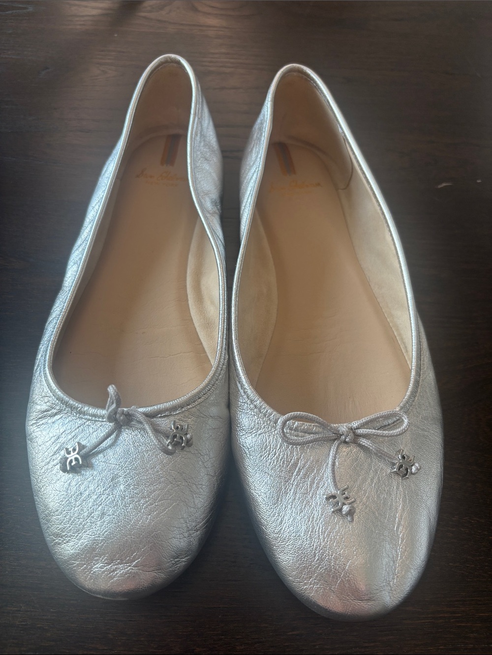 Sam Edelman Silver Leather Ballet Flats with Bow and Logo Charms